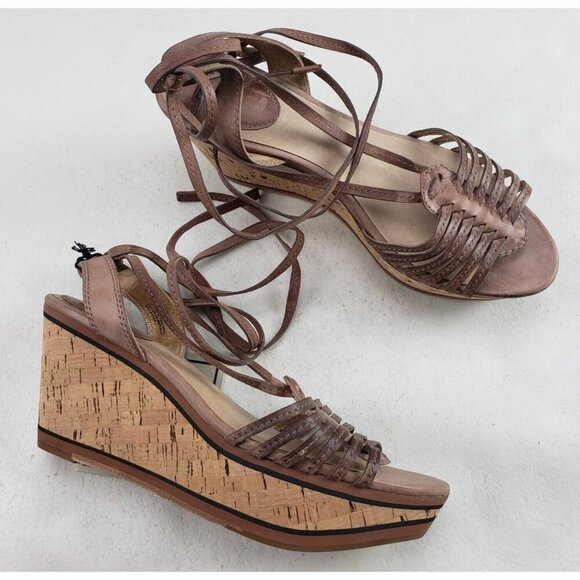 Frye Carlie Strappy Platform Sandal Womens 9.5 Brown Leather Huarache Tie Heel - Picture 1 of 14